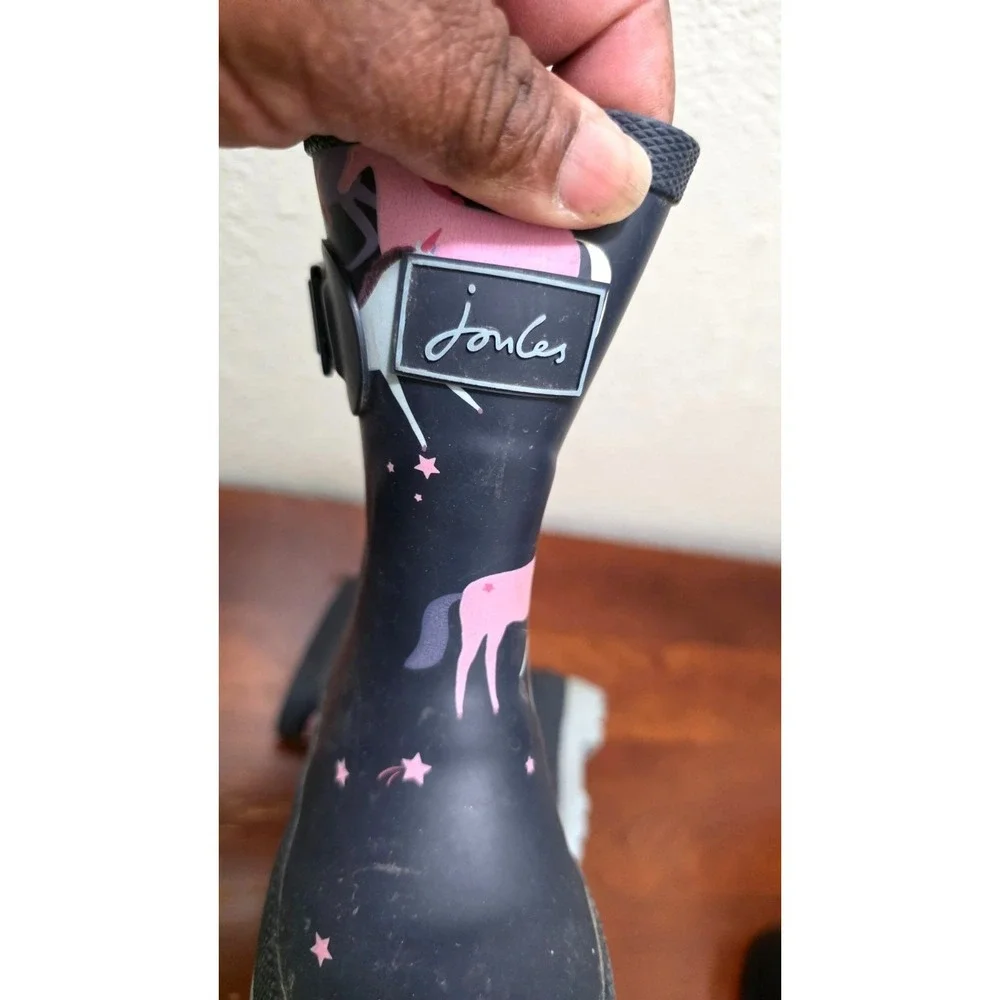 Joules Kids Navy Rain Boots With Pink Unicorn Print & Buckle Detail Size 9